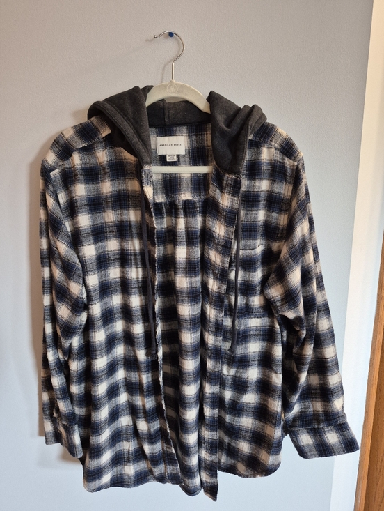 American Eagle Outfitters Tops - American Eagle Hooded Flannel Long Sleeve Button Up Shirt Blue Off White Size XL